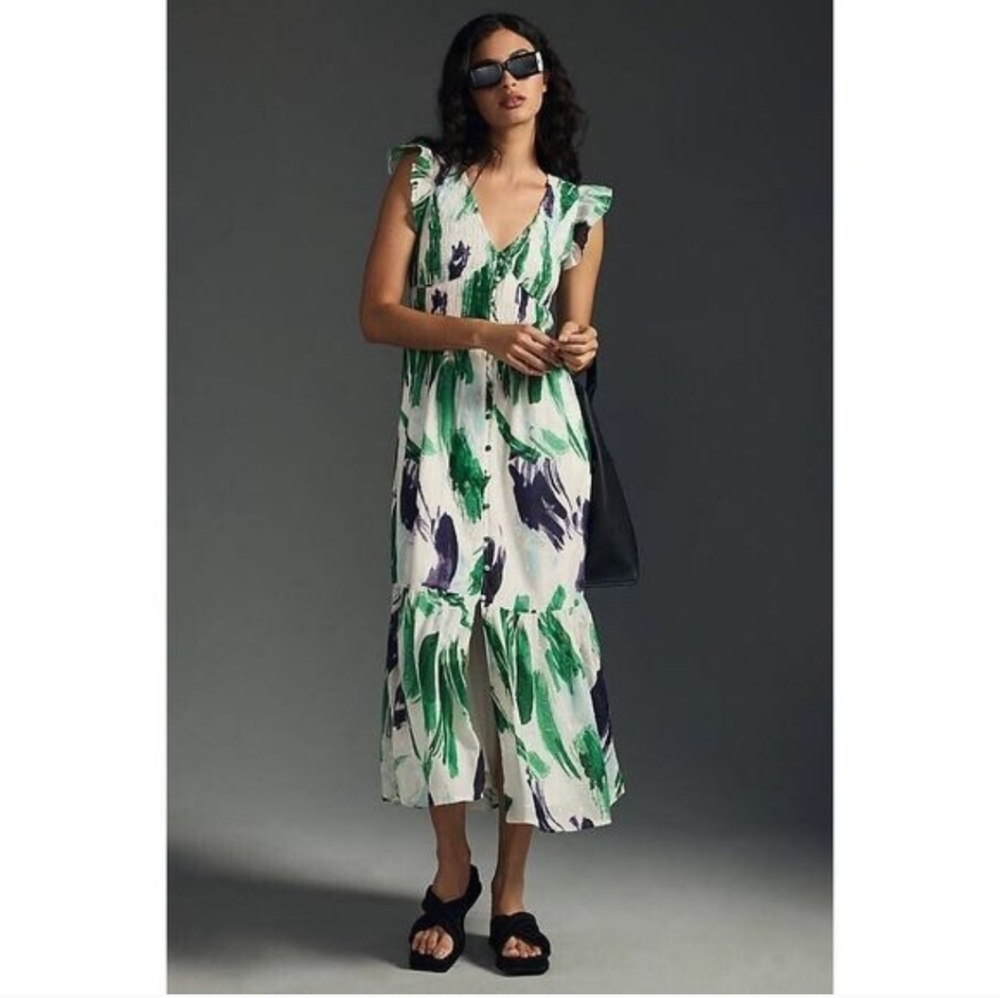 Anthropologie The Peregrine Buttonfront Smocked Mididress Sz. XXS